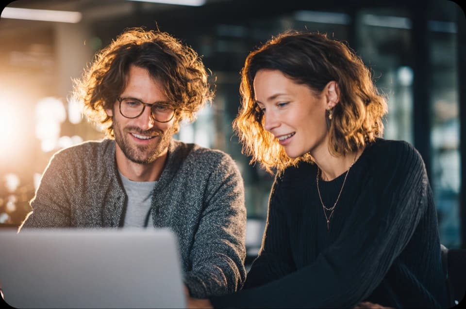 Dwoje uśmiechniętych ludzi pracujących razem przy laptopie w nowoczesnym biurze