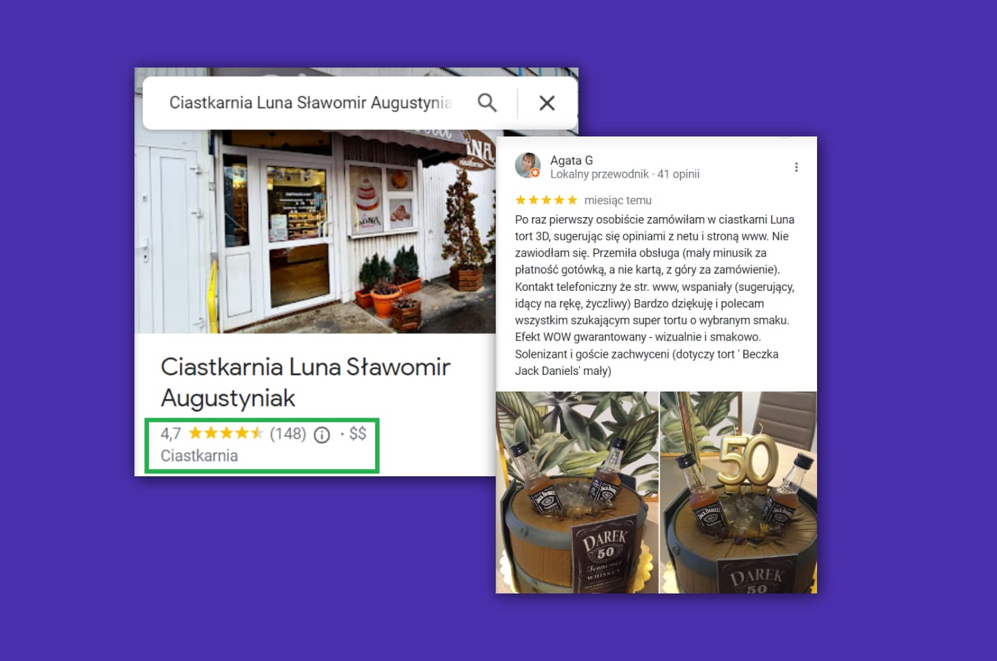 Zrzut ekranu z wizytówki Ciastkarni Luna w Profilu Firmy Google