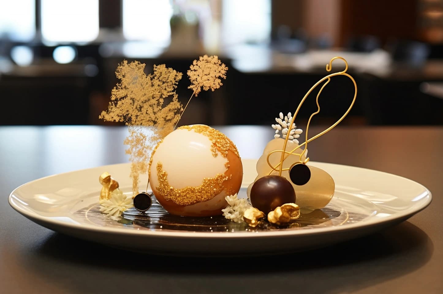 Ekskluzywny deser restauracyjny w kształcie kuli ze złotymi zdobieniami, podany na eleganckim talerzu w towarzystwie jadalnych dekoracji i czekoladek.