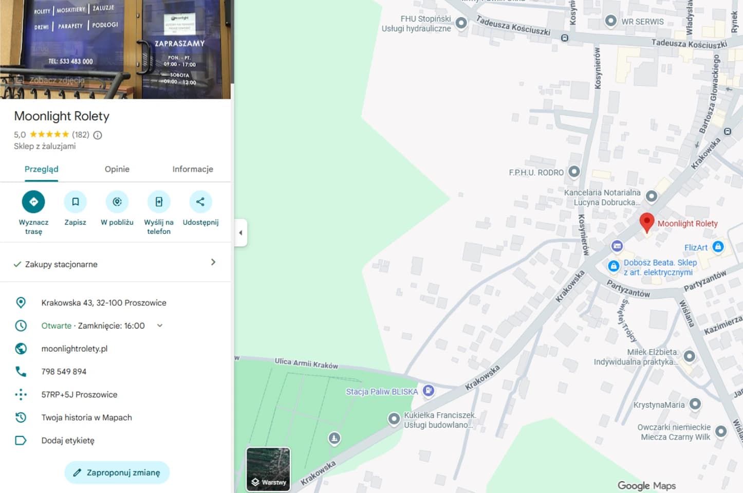 Zrzut ekranu z wizytówki Google firmy Moonlight