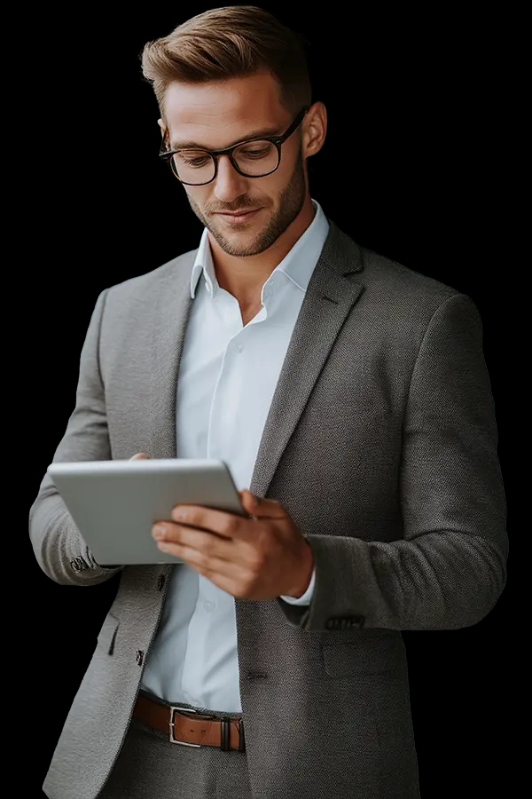 Elegancko ubrany mężczyzna w okularach, trzymający tablet i patrzący na jego ekran.