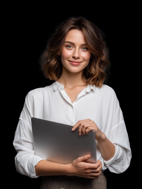 Uśmiechnięta kobieta w białej koszuli ze skrzyżowanymi ramionami.