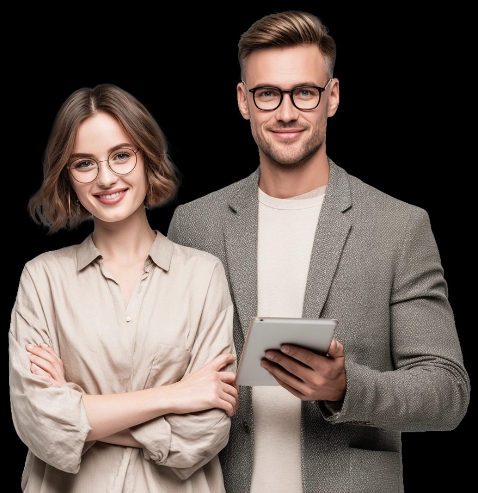 Uśmiechnięta kobieta i mężczyzna w okularach stoją obok siebie na przezroczystym tle; kobieta ma krótkie, falowane włosy i skrzyżowane ręce, mężczyzna ma na sobie marynarkę i trzyma tablet.
