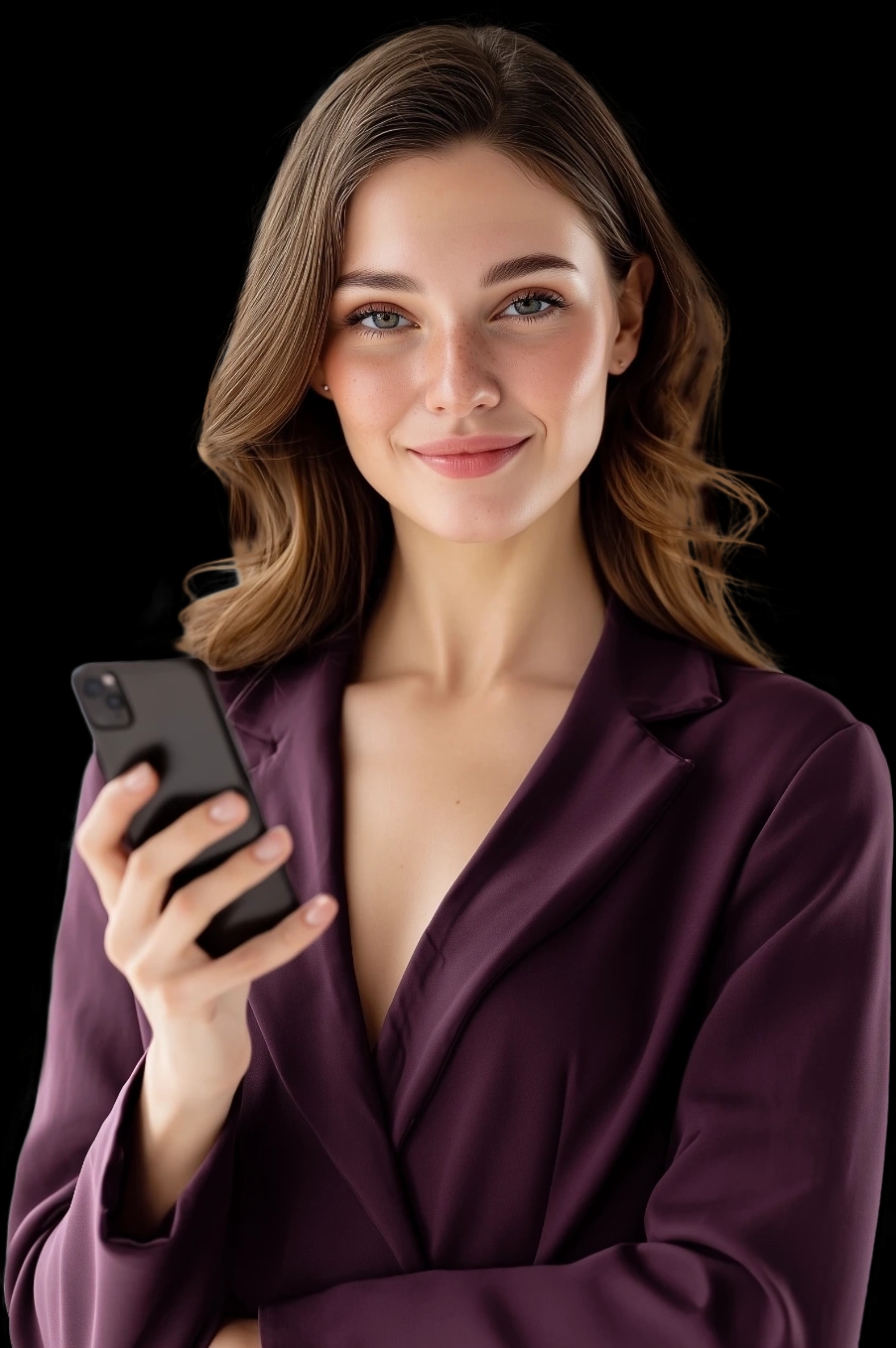 Uśmiechnięta kobieta w bordowej marynarce trzymająca smartfon w dłoni