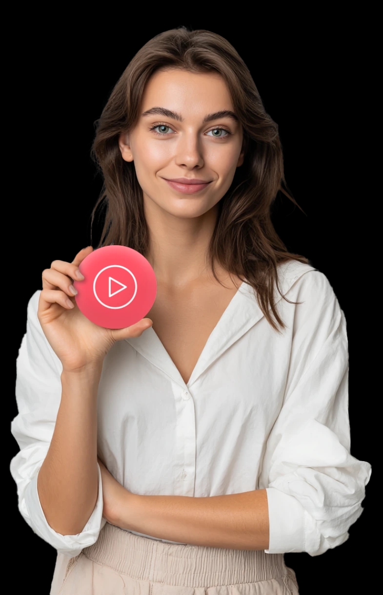 Młoda kobieta w jasnej koszuli trzyma w dłoni czerwony przycisk z ikoną odtwarzania, patrząc w kamerę i lekko się uśmiechając.