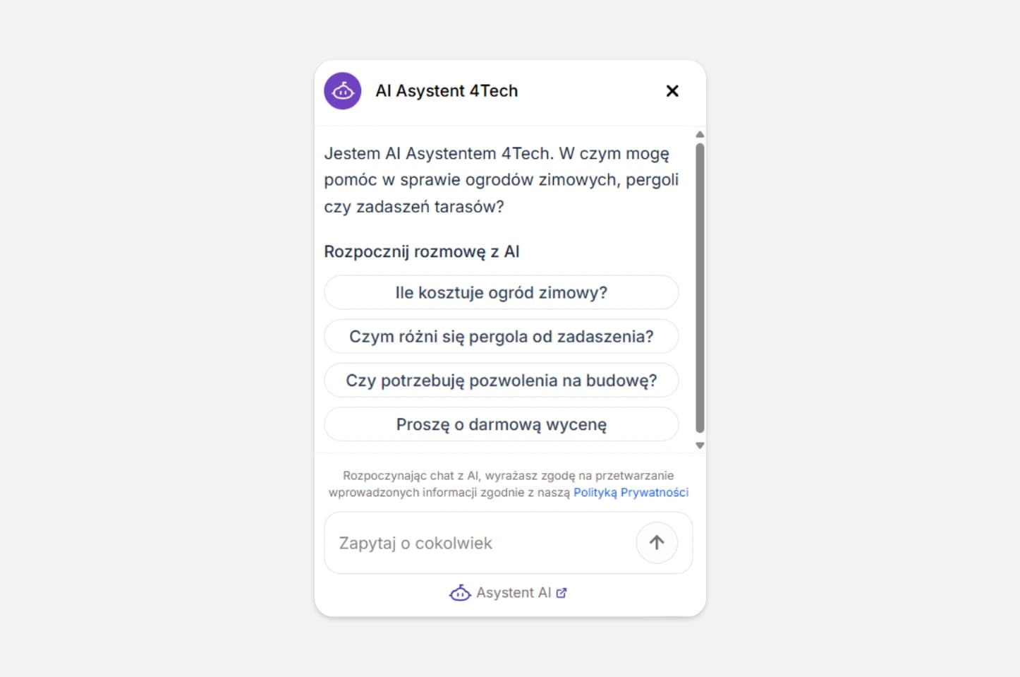 Wizualizacja Asystenta AI na stronie Ogrody i Pergole