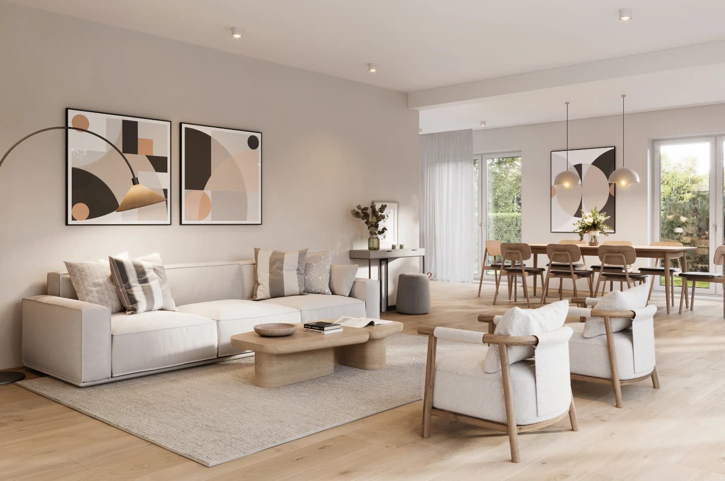Projekt aranżacji salonu w stylu modern w odcieniach bieli i beżu