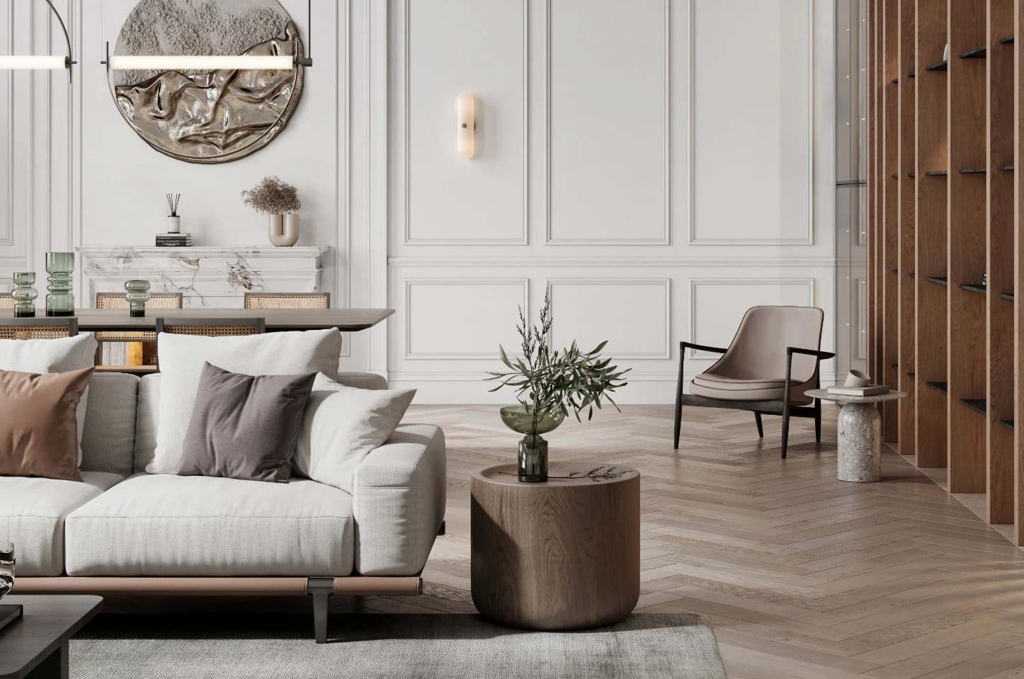 Nowoczesny i elegancki salon w jasnych barwach z beżową sofą, drewnianym stolikiem kawowym, fotelem oraz podłogą układaną w jodełkę klasyczną.