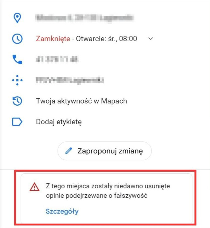 alerty konsumenckie wizytówka Google