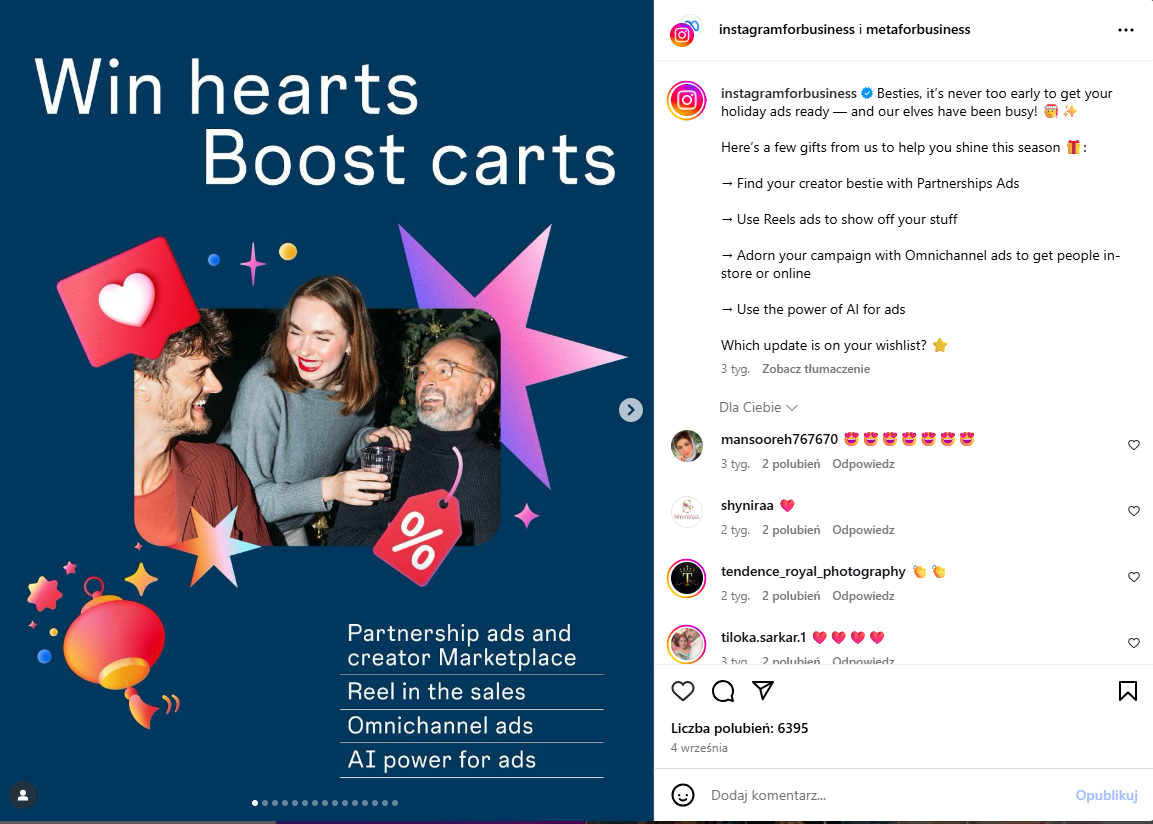 post na oficjalnym profilu instagram for business